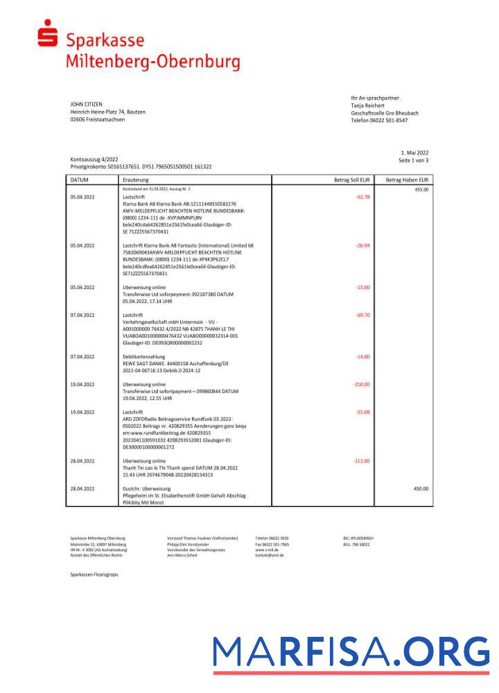 Blank Germany Sparkasse Miltenburg Obernburg bank statement word real example